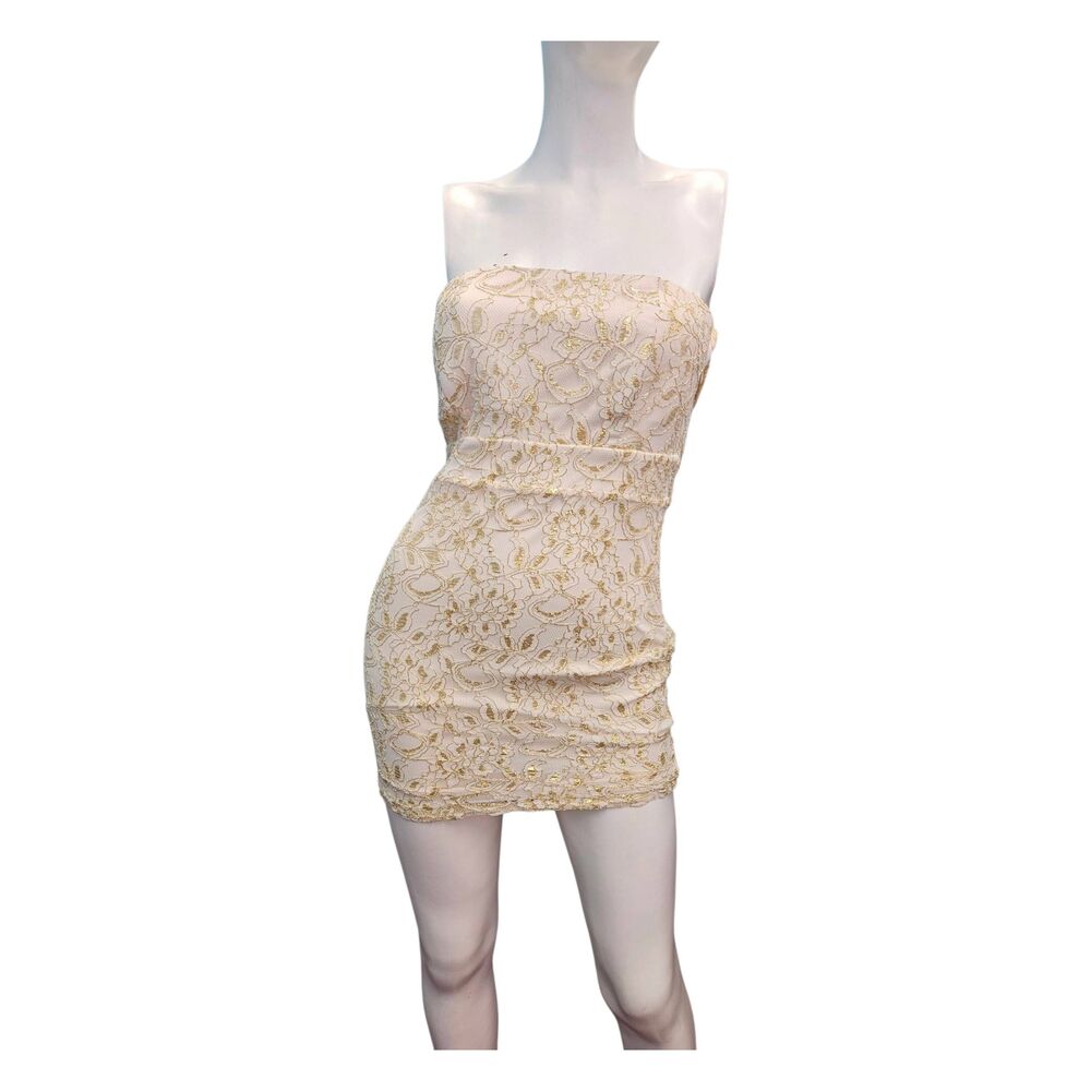 Forever 21 Cream and Gold Lace Strapless Mini Dress Womens Small NEW TAGS - Picture 1 of 9